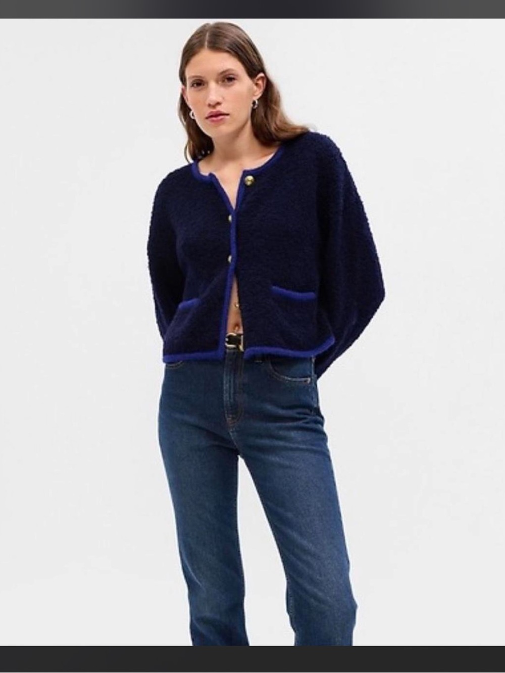 GAP Navy Bouclé Button Cardigan